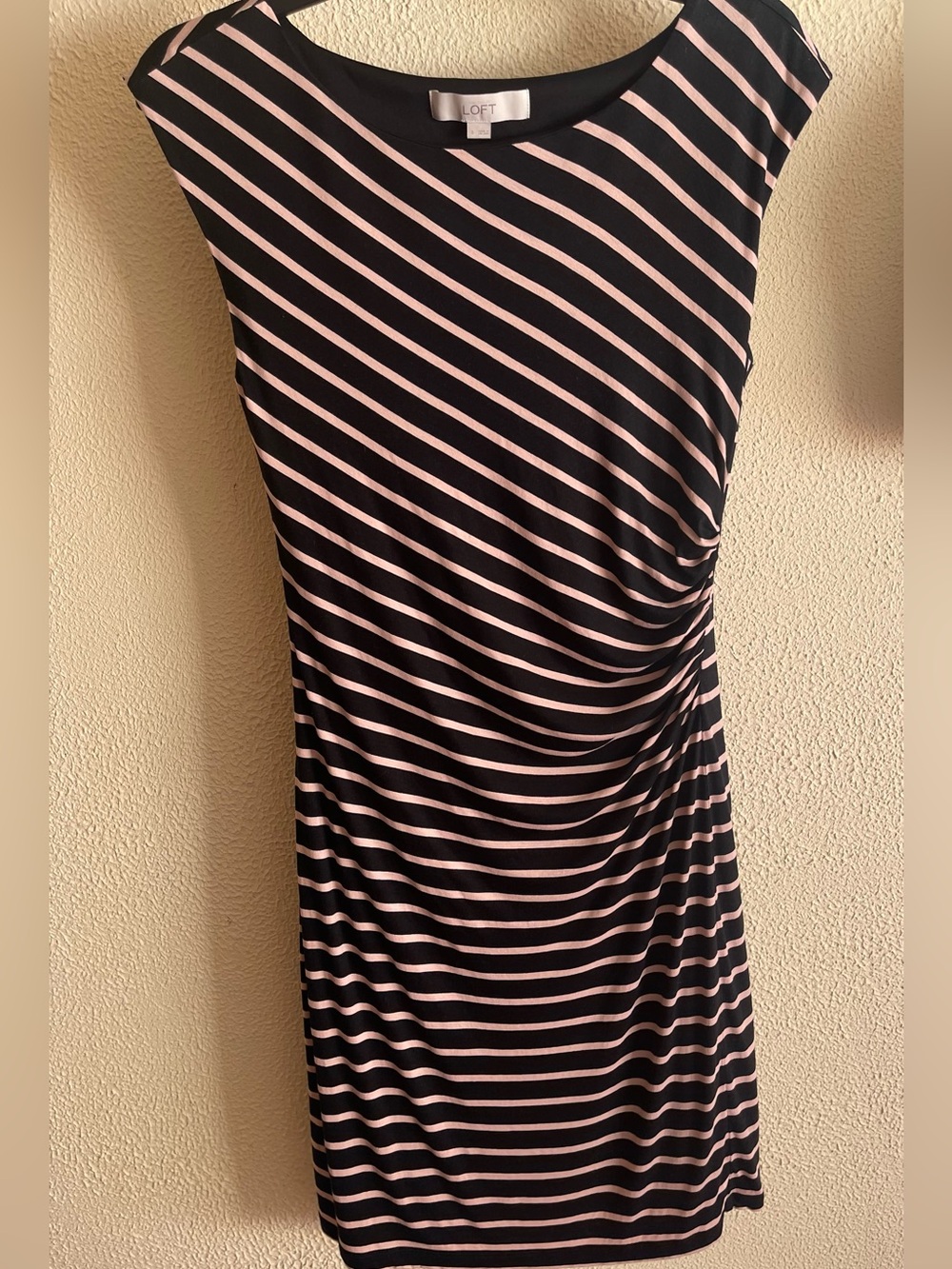 LOFT Small Black & Blush Striped Ruched Dress